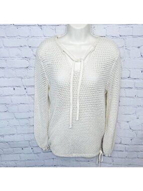 VINTAGE BOHO IT'S PURE GOULD KNIT DRAWSTRING BOTTOM TIE FRONT IVORY SWEATER - M